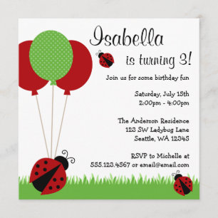 Red Ladybug Balloons Birthday Party Invitations