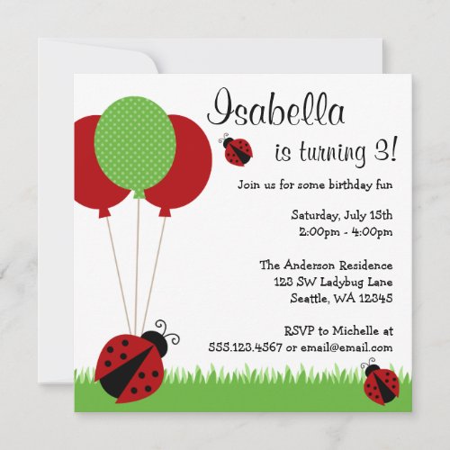 Red Ladybug Balloons Birthday Party Invitations