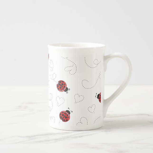 Red Ladybug Beetle Insect Lover Black Hearts Bone China Mug (Right)