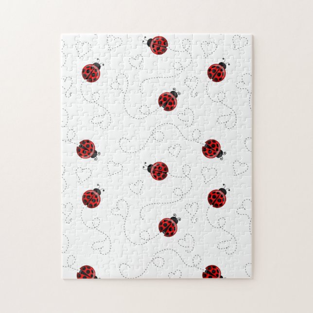 Red Ladybug Beetle Insect Lover Black Hearts Jigsaw Puzzle (Vertical)