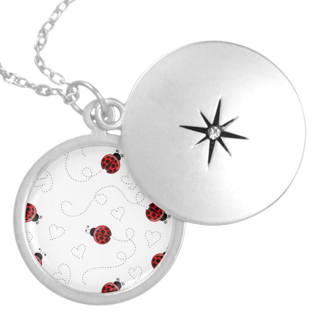 Red Ladybug Beetle Insect Lover Black Hearts Locket Necklace (Front)