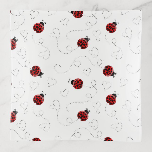 Red Ladybug Beetle Insect Lover Black Hearts Trinket Tray (Front)