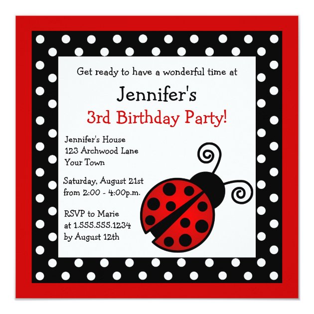 Red Ladybug Birthday - Black And White Polka Dots Invitation