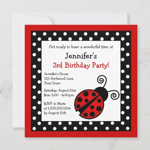 Red Ladybug Birthday _ Black and White Polka Dots Invitation