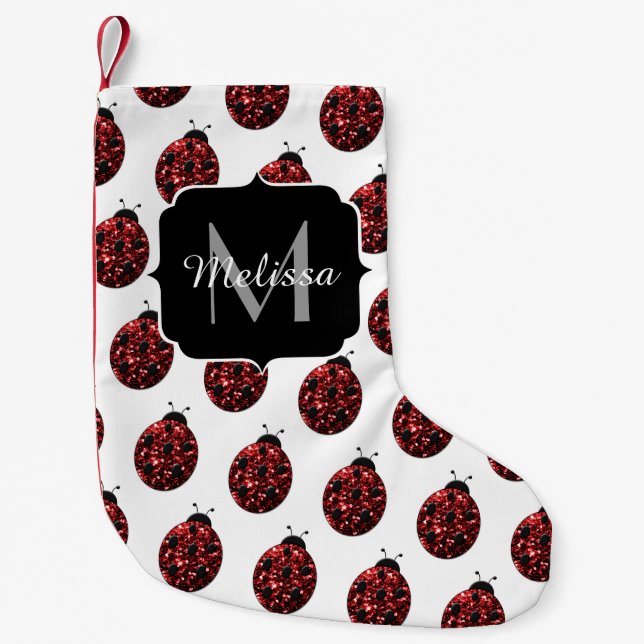 Red ladybug faux glitter sparkles Custom Monogram Small Christmas Stocking (Front)