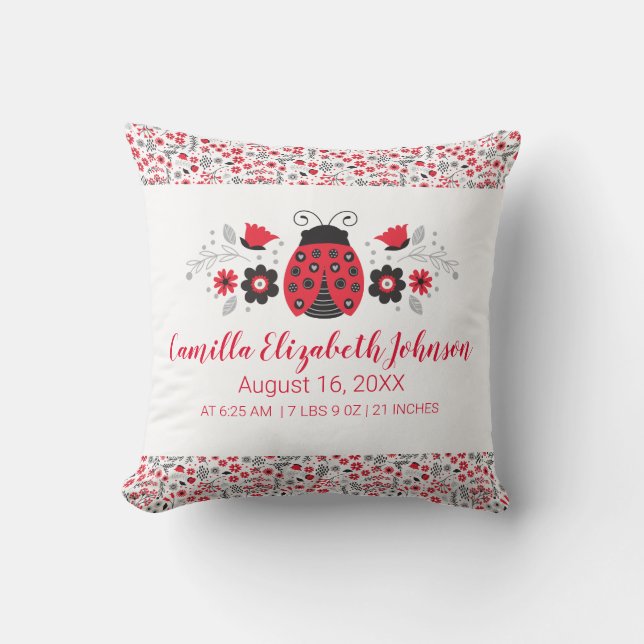 Red Ladybug Girl Birth Stats Nursery Throw Pillow (Front)