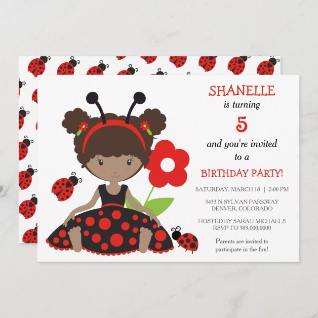 Red Ladybug Girls Birthday Party Invitation (Front/Back)