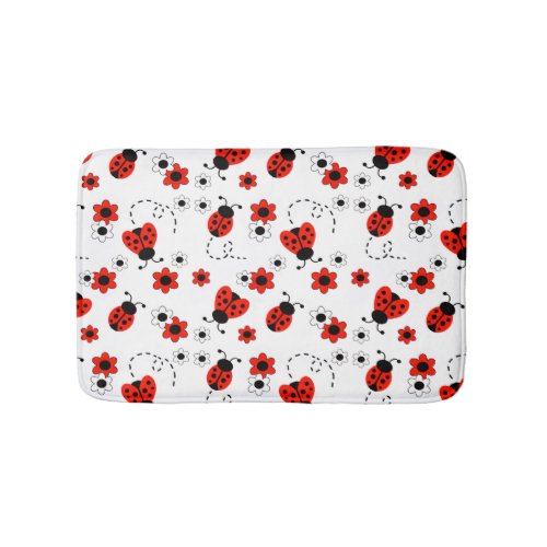 Red Ladybug Lady Bug Floral White Spring Flowers Bath Mat