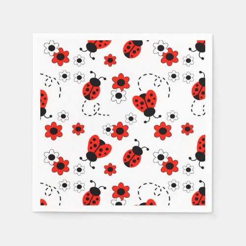 Red Ladybug Lady Bug Floral White Spring Flowers Paper Napkins