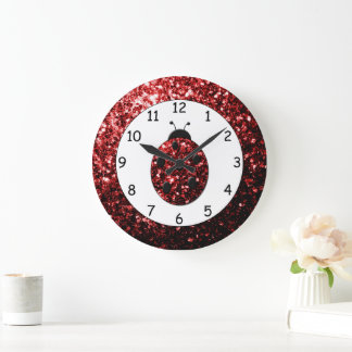Red ladybug ladybird glitter sparkles print large clock