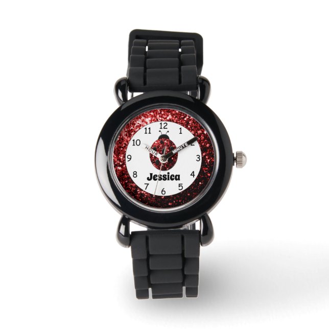 Red ladybug ladybird sparkles Custom name print Watch (Front)