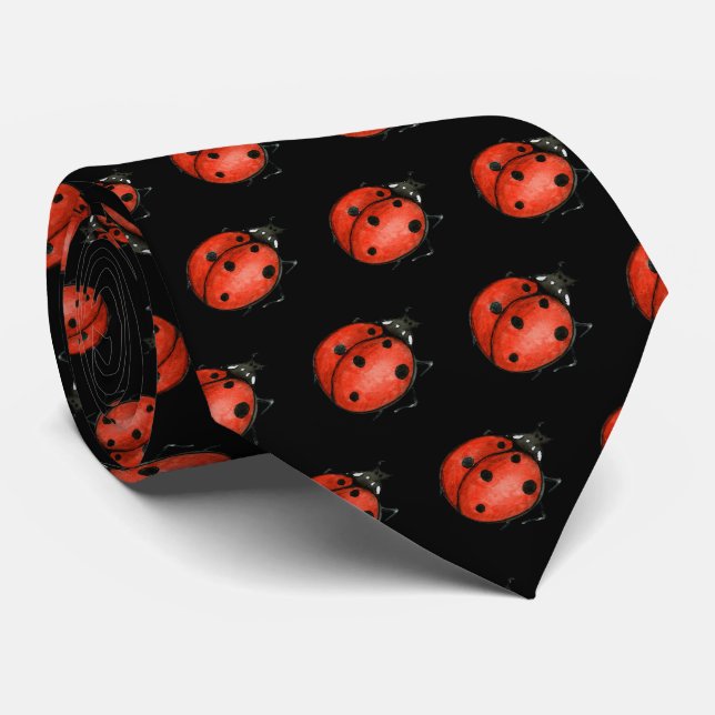 red ladybug on black neck tie (Rolled)