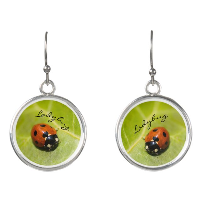Red Ladybug on bright Green Leaf Drop Earrings (Front)
