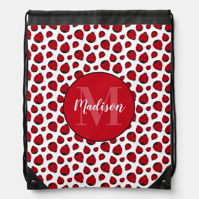 Red Ladybug Pattern Personalized Drawstring Bag (Front)