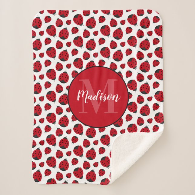 Red Ladybug Pattern Personalized Girl Sherpa Blanket (Front)