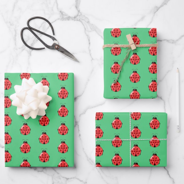 Red Ladybug Pattern Wrapping Paper Sheets (Front)