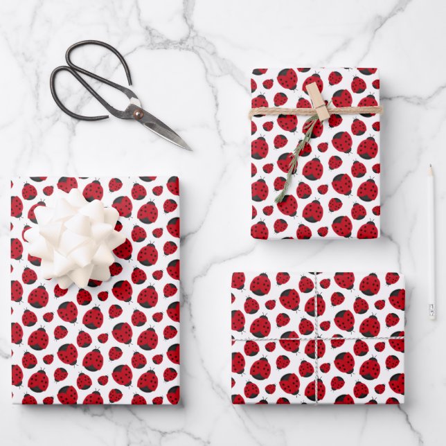 Red Ladybug Pattern Wrapping Paper Sheets (Front)