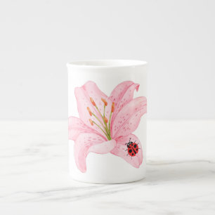 Red Ladybug pink Lily Flower custom name kid girl Bone China Mug