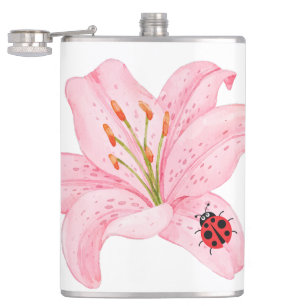 Red Ladybug pink Lily Flower custom name kid girl Flask