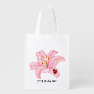Red Ladybug pink Lily Flower custom name kid girl Grocery Bag
