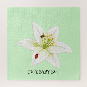 Red Ladybug pink Lily Flower custom name kid girl Jigsaw Puzzle