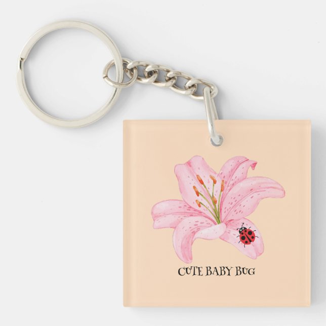Red Ladybug pink Lily Flower custom name kid girl  Keychain (Front)