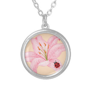 Red Ladybug pink Lily Flower custom name kid girl Silver Plated Necklace