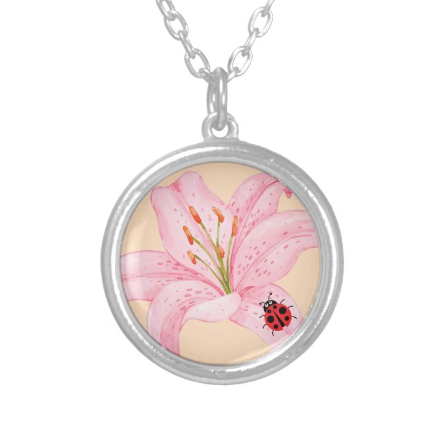 Red Ladybug pink Lily Flower custom name kid girl  Silver Plated Necklace (Front)