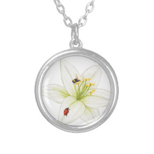 Red Ladybug pink Lily Flower custom name kid girl Silver Plated Necklace