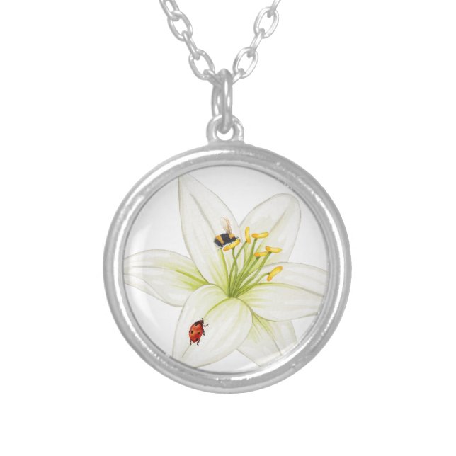 Red Ladybug pink Lily Flower custom name kid girl  Silver Plated Necklace (Front)