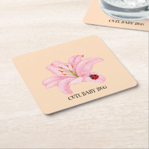 Red Ladybug pink Lily Flower custom name kid girl  Square Paper Coaster