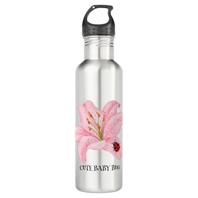 Red Ladybug pink Lily Flower custom name kid girl  Stainless Steel Water Bottle (Front)