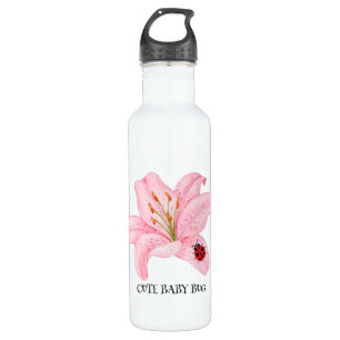 Red Ladybug pink Lily Flower custom name kid girl Stainless Steel Water Bottle