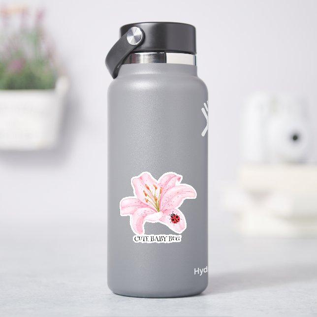 Red Ladybug pink Lily Flower custom name kid girl  Sticker (HydroFlask)