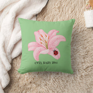 Red Ladybug pink Lily Flower custom name kid girl  Throw Pillow