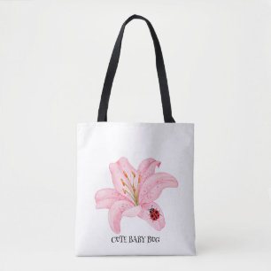Red Ladybug pink Lily Flower custom name kid girl  Tote Bag
