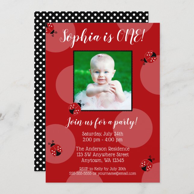 Red Ladybug Polka Dot Birthday Photo Invitations (Front/Back)