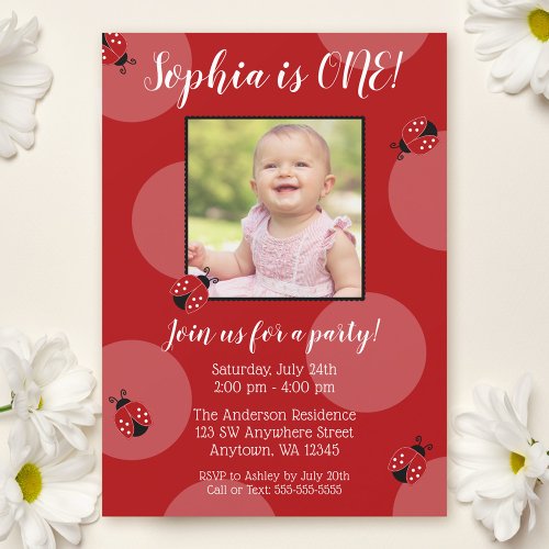 Red Ladybug Polka Dot Birthday Photo Invitations