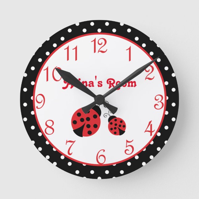 Red Ladybug Polka Dot Nursery Girls Wall Clock (Front)