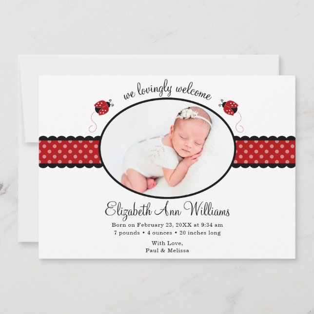 Red Ladybug Polka Dot Photo Birth Announcement (Front)