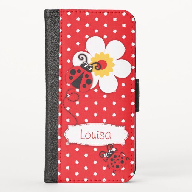 Red ladybug polka floral girls iPhone flap case (Front)