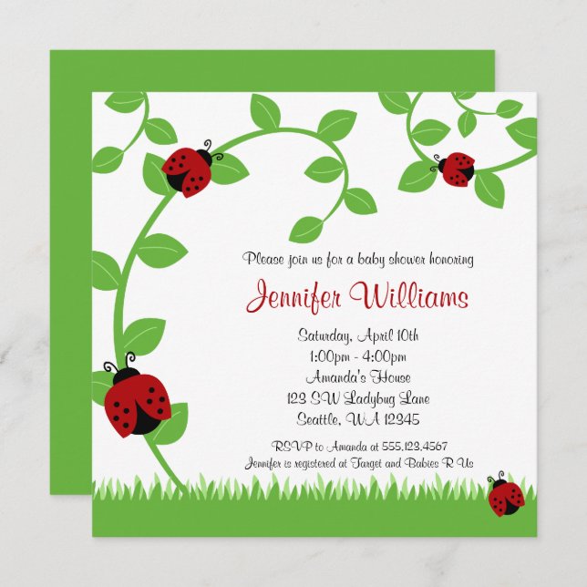 Red Ladybug Vines Baby Shower Invitations (Front/Back)