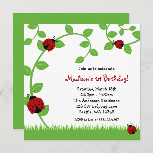 Red Ladybug Vines Birthday Party Invitations