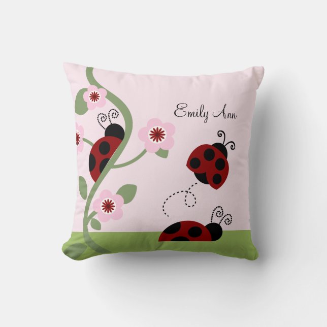 Red Ladybugs and Flowers Personalized Pillow (Front)