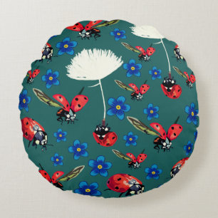 Red Ladybugs Blue flowers Round Cushion