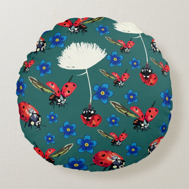 Red Ladybugs Blue flowers  Round Cushion (Front)