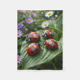 Red Ladybugs On Dewy Green Leaves Fleece Blanket