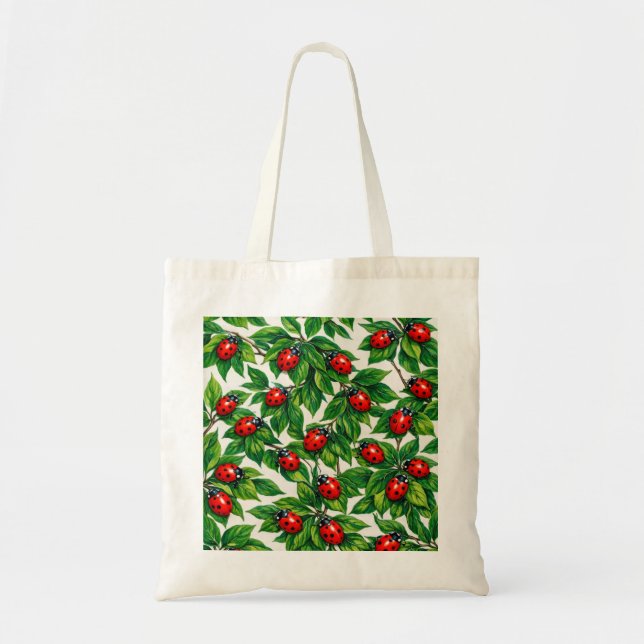 Red Ladybugs on Green Leaves Botanical Pattern Tote Bag (Front)