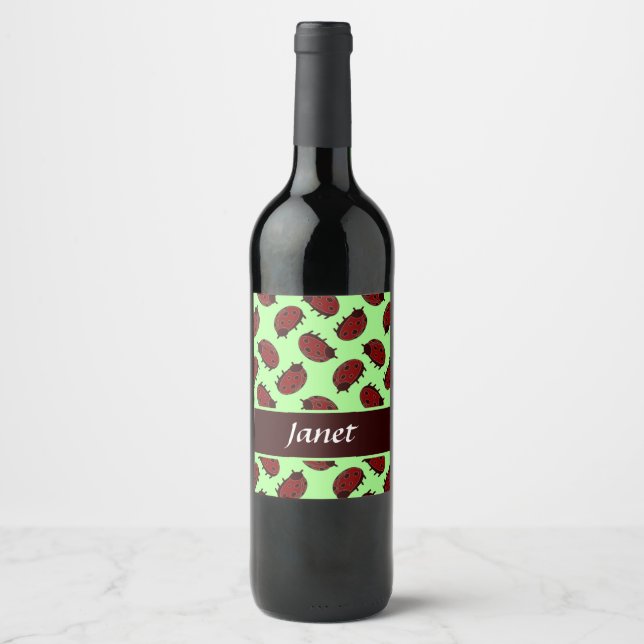 Red ladybugs on green wine label (Front)