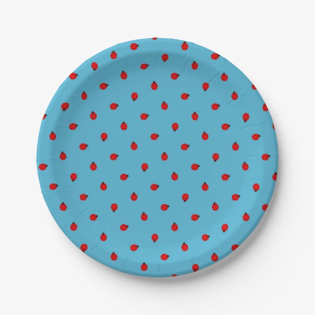 Red Ladybugs Polka Dot Pattern on Blue Paper Plates (Front)